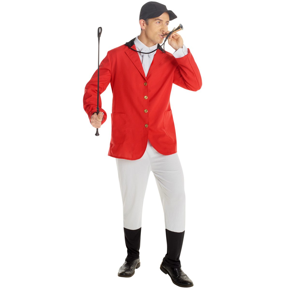 Man wearing a bright red buttoned hunt jacket with gold buttons over a white neck tie, cream jodhpur-style trousers and a black cap