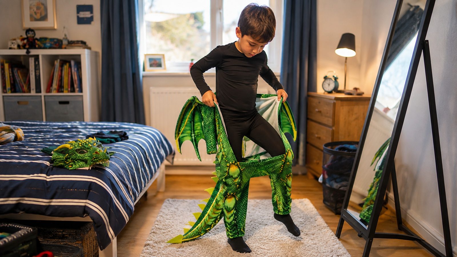 Child pulling on a green dragon jumpsuit costume with structured wings and a scaled tail over a black base layer, in a bedroom, with the dragon mask resting on the bed nearby