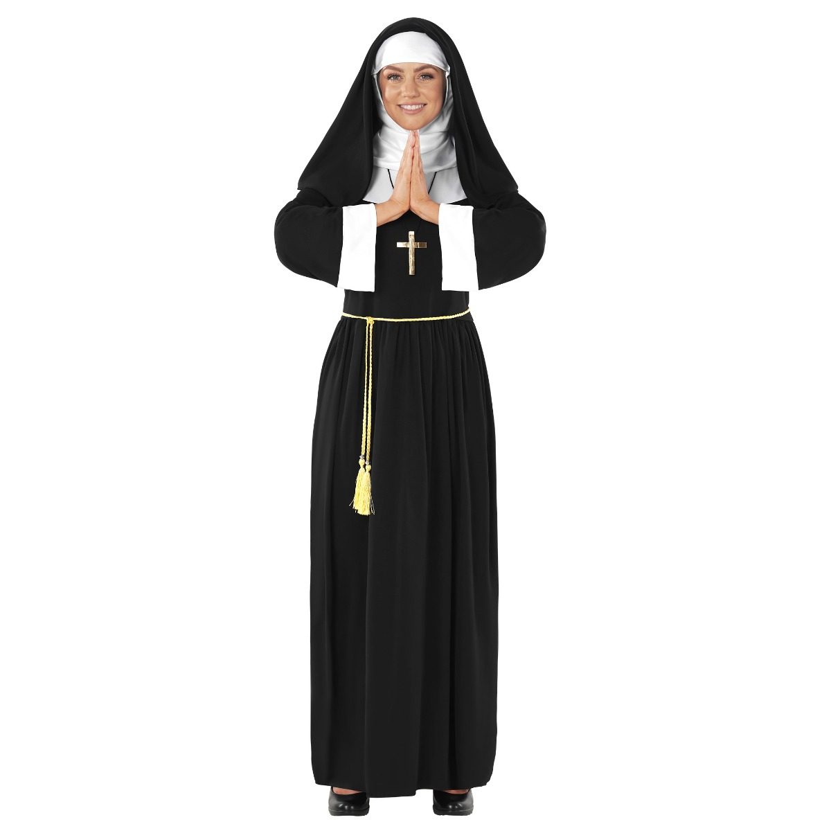 Woman wearing a black full-length nun's robe with white contrast panels, a white habit veil, a gold cross necklace and a thin gold rope belt with tasselled ends