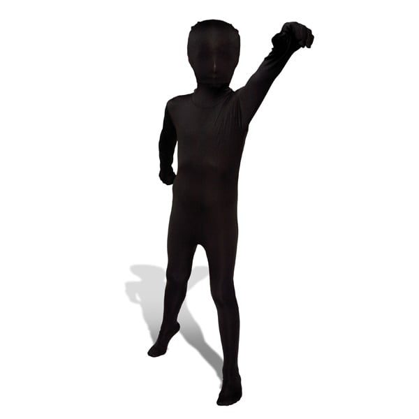 Kids Black Morphsuit: a full-body black spandex all-in-one suit with a hook-and-loop hood and a stretch fabric face panel for visibility and airflow