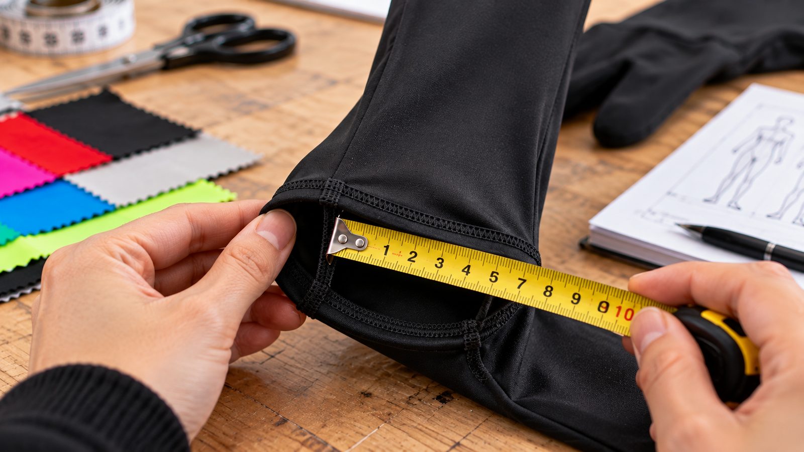 Close-up of a tape measure checking the ankle-hole seam of a black Morphsuit costume