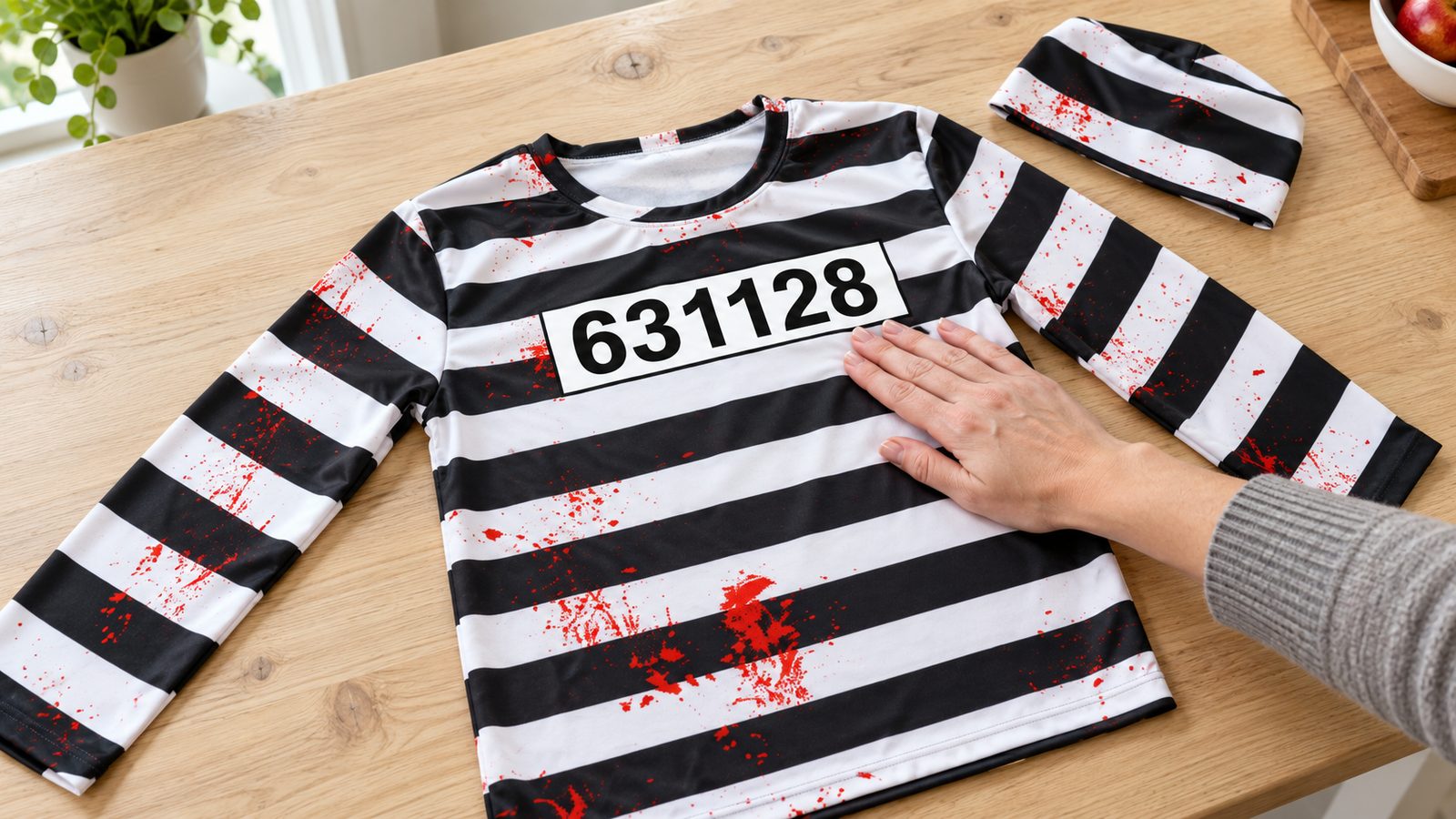 Close-up of the red spatter printed flat into the striped fabric of a kids zombie prisoner costume top