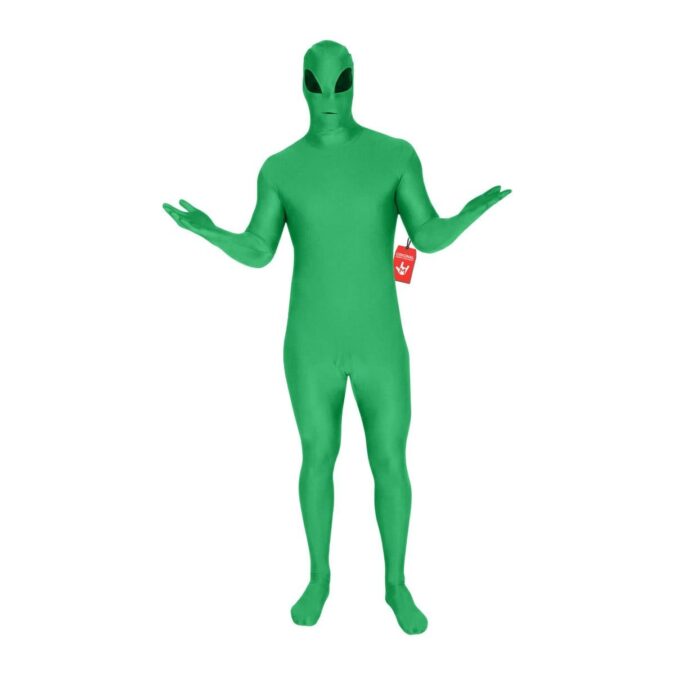 Green Alien Morphsuit: a person in an all-over bright green full-body Morphsuit with large black alien eyes printed on the hood, arms held out in a shrug