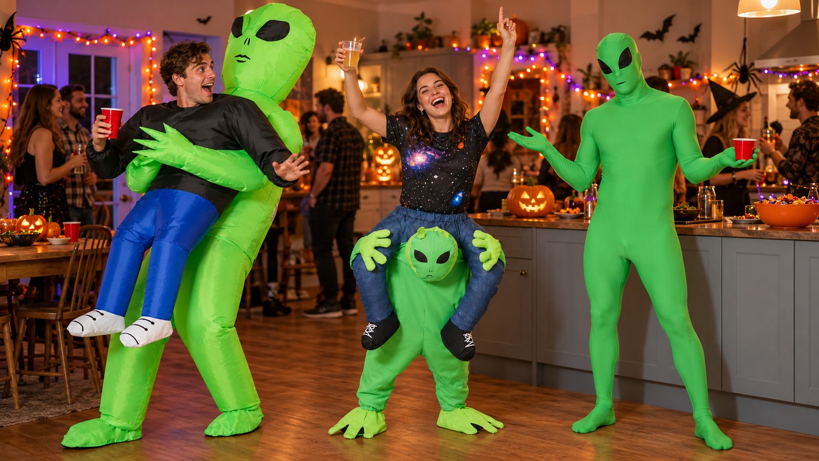 Three adult friends at a house party at night, one carried off by a green inflatable alien, one riding a small green alien piggyback, and one in an all-over green alien Morphsuit, all laughing