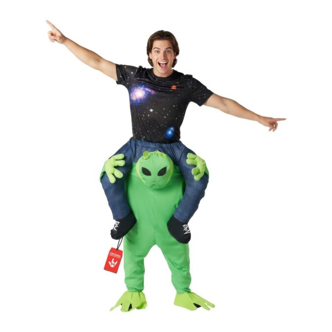 Alien Costume Piggyback: a man in a galaxy-print t-shirt and jeans who appears to ride on the shoulders of a small green alien with black eyes and big green hands gripping his knees