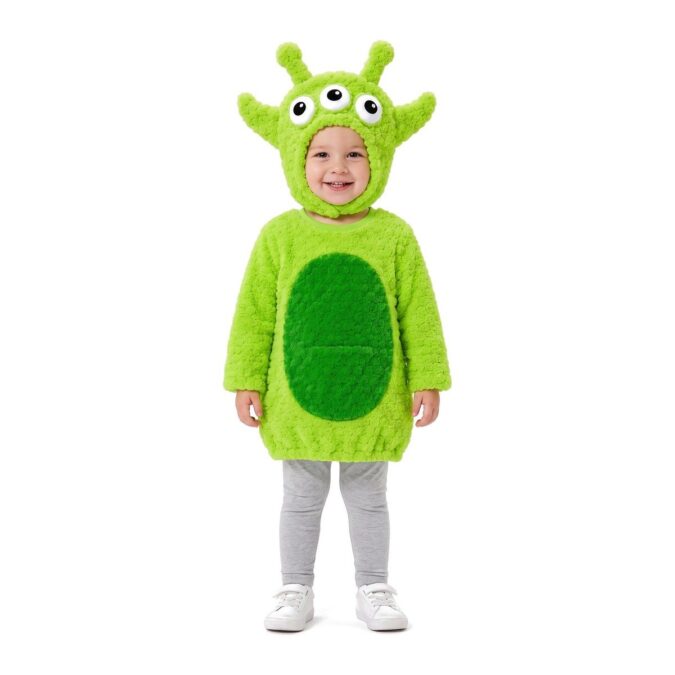 Boys Alien Plush Tabard Costume: a toddler in a bright green fluffy alien tabard with a darker green swirled belly and a hood with three big eyes and antennae