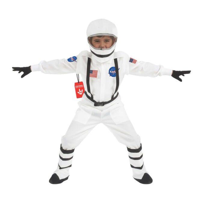 Boys Astronaut Costume: a child in a white astronaut jacket and trousers with black harness straps and flag patches, black gloves, striped boot covers, and a white helmet with a visor