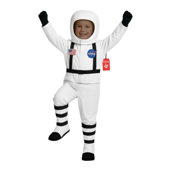 Boys NASA Astronaut Costume: a child with arms raised in a white astronaut suit with a logo-print jacket, black harness straps, black gloves, striped boot covers, and a white helmet