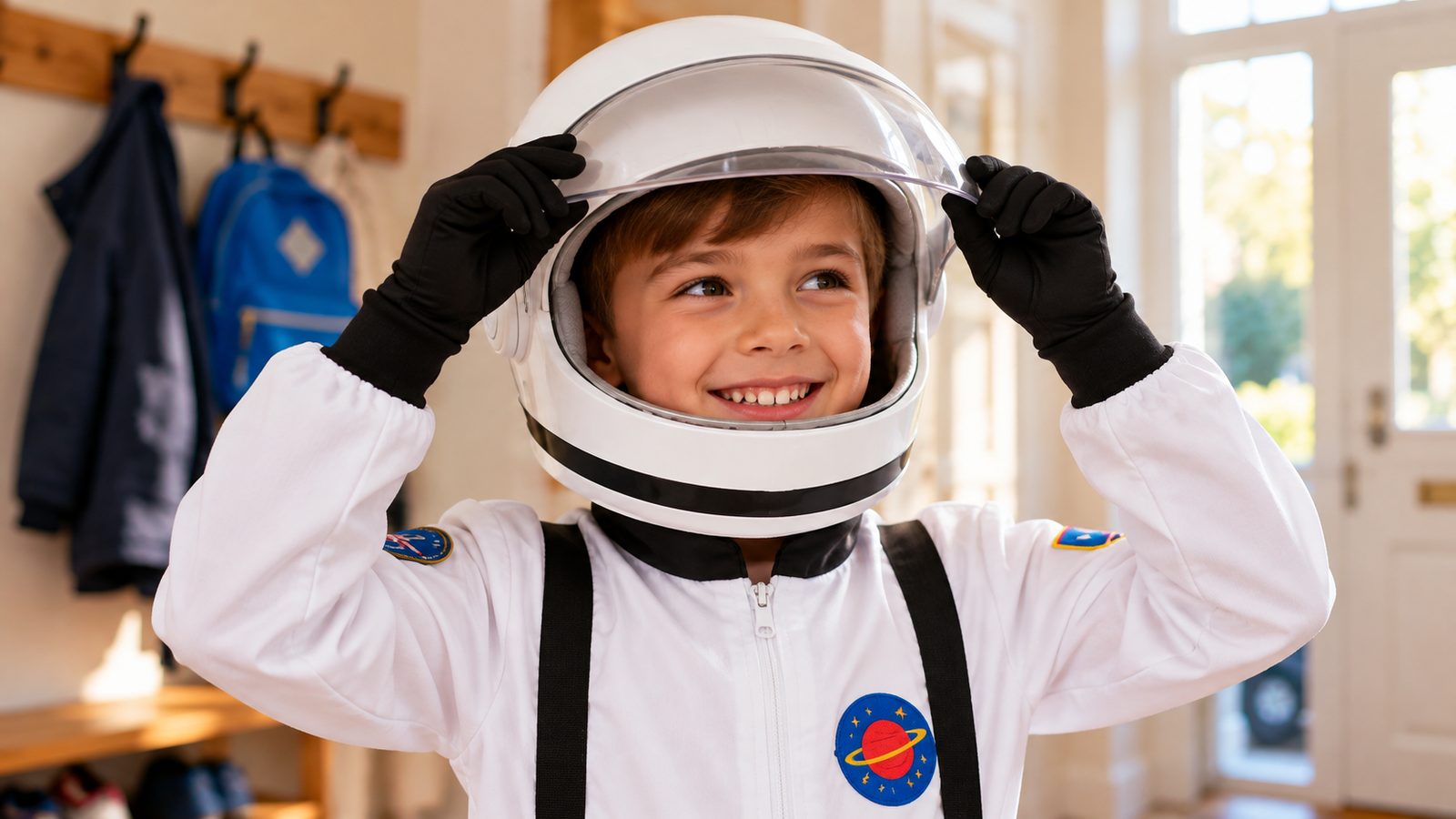 Close-up of a child's hands in black gloves raising the visor of a white astronaut costume helmet, the white jacket's black harness straps in view