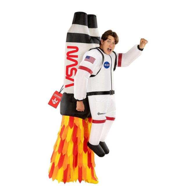 Men's Astronaut Jetpack Inflatable Costume: a man in a white astronaut top riding an inflatable white rocket with red and orange printed flames below, his arm raised