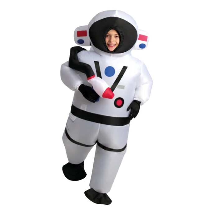 Kids Astronaut With Soundchip Inflatable Costume: a child's face framed in a round inflatable white spacesuit with black straps, red and blue buttons, and a laser gun in one hand