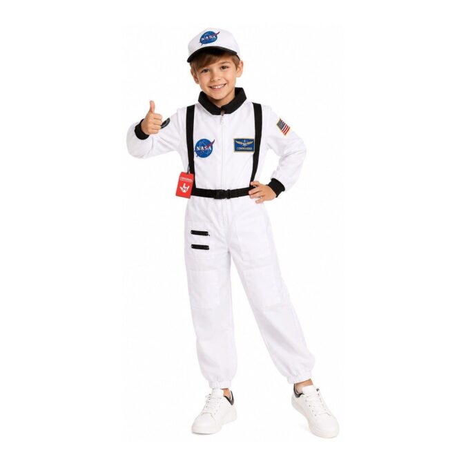 Kids Astronaut Costume: a child giving a thumbs up in a white all-in-one astronaut jumpsuit with badges, black straps and belt, and a matching white cap