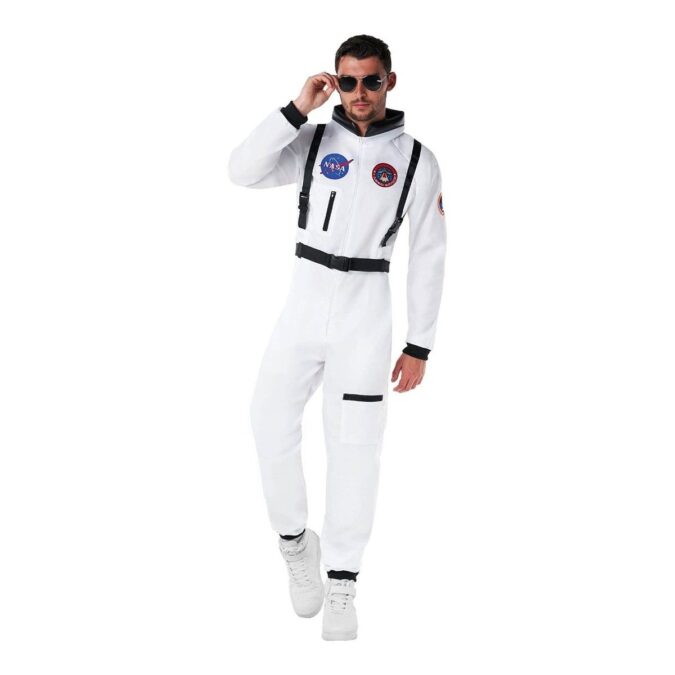 Mens Astronaut Suit Costume White: a man in sunglasses wearing a white full-length astronaut jumpsuit with black straps, a buckled belt, and mission-style badges