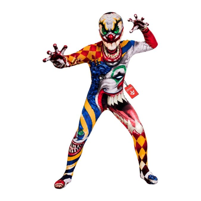 Kids Clown Morphsuit, a full-body printed suit in red, yellow, and blue diamond pattern with a clown face and large teeth on the hood and a split clown face on the torso
