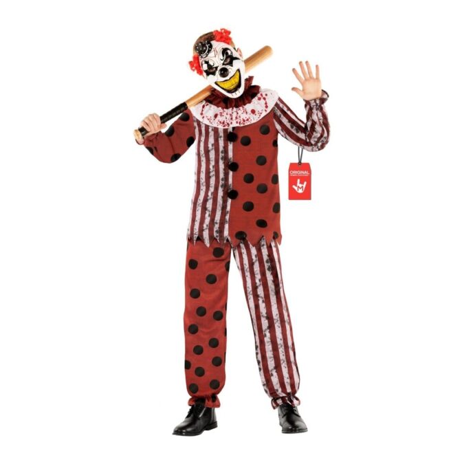 Boys Horror Clown Costume, a red, grey, and black spotted and striped top and trousers with a ruffle collar, worn with a hand-painted clown mask with a red wig and a small top hat