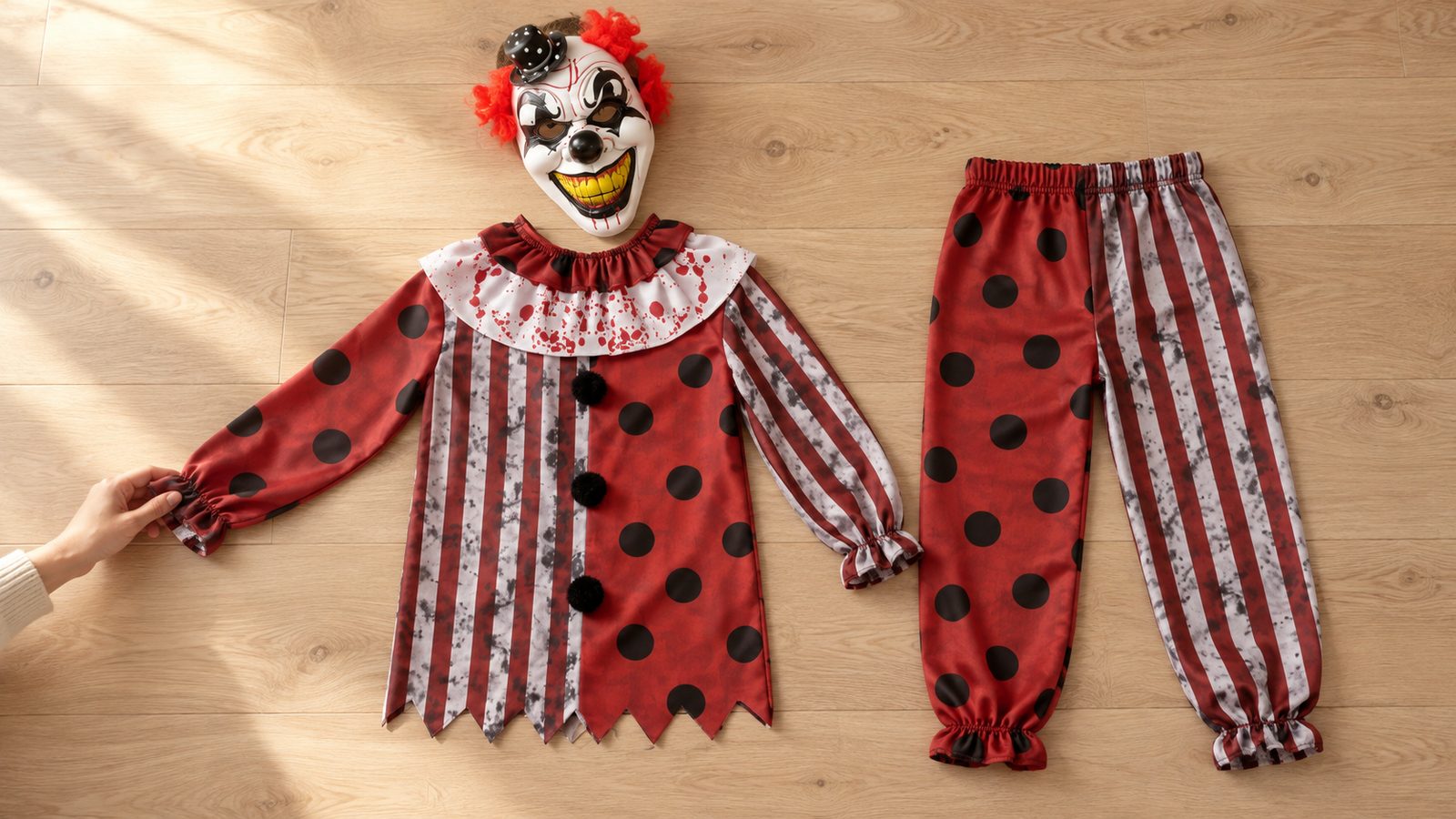 Overhead view of a kids' horror clown costume laid flat: a red, grey and black spotted and striped top with a ruffle collar, matching trousers, and a hand-painted clown mask with a red wig and top hat