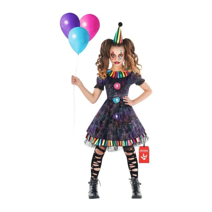 Girls Rainbow Creepy Clown Costume, a dark purple layered dress with puff sleeves, a rainbow striped collar and hem, satin rose buttons, and a rainbow striped pointed hat, worn by a girl holding balloons