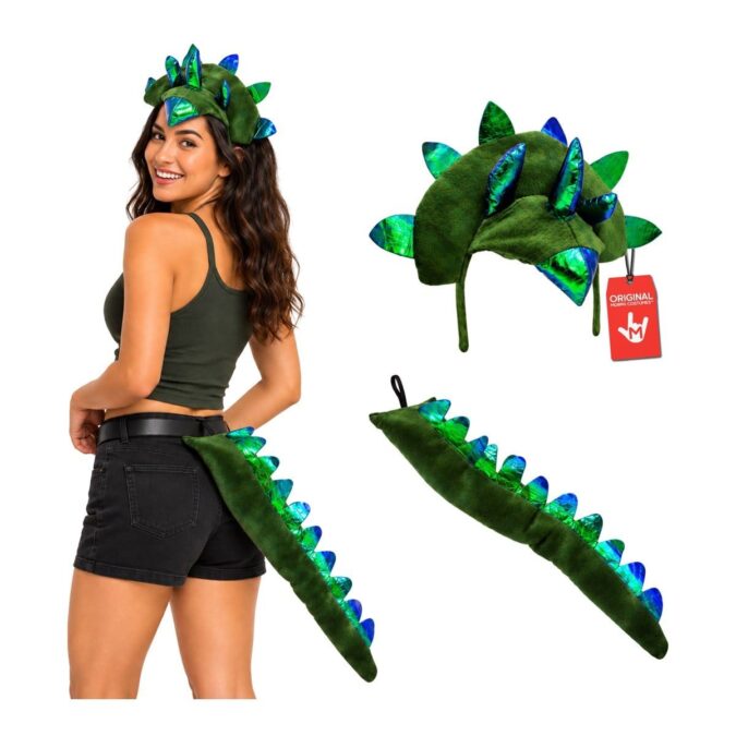 Green Spiked Dinosaur Headband and Tail Set: a dark green headpiece with iridescent blue-green horns, a nose horn, and fin-like spikes, and a matching dark green tail with a row of iridescent spikes, worn by a model seen from behind in a dark green top and black shorts