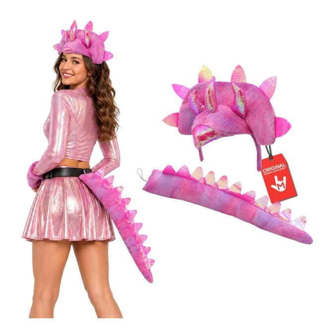 Pink Triceratops Adult Headband and Tail Set: a pink and purple tie-dye headpiece with iridescent pink and gold horns, side spikes, and a nose horn, and a matching pink and purple tail with a row of iridescent spikes, worn by a model seen from behind; the top, skirt, and belt are the model's own
