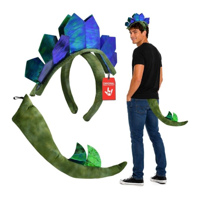 Adult Stegosaurus Dinosaur Headband and Tail Set: an olive-green headband topped with a fan of iridescent blue, purple, and green plates and a green tail with iridescent fins near the tip, worn by a model seen from behind in a black t-shirt and jeans