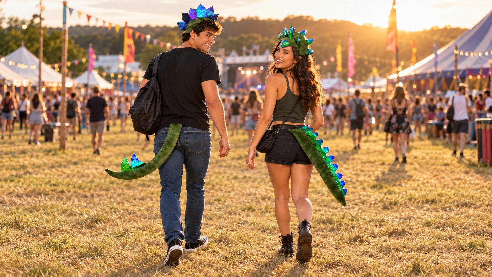Two friends seen from behind on a festival field at golden hour, one wearing a green stegosaurus headband and tail set and the other a green spiked dinosaur headband and tail set, each with the tail hanging from the belt