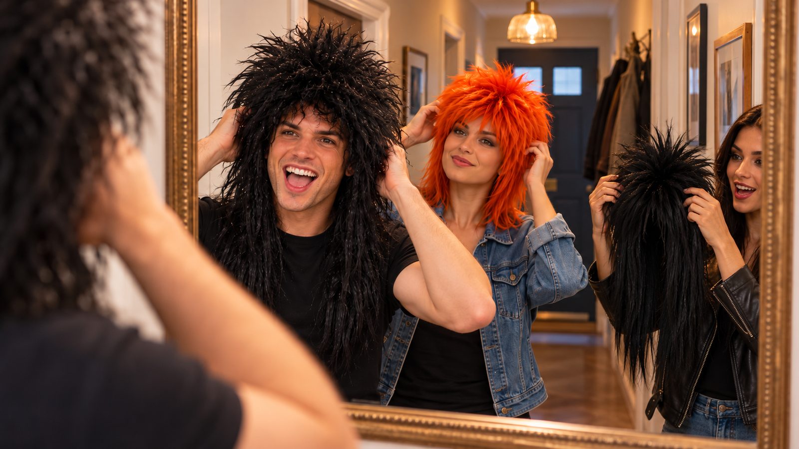 Three friends in a hallway mirror putting on rock wigs before a band night: a long crimped black wig, a spiky ginger mullet, and a long black glam wig