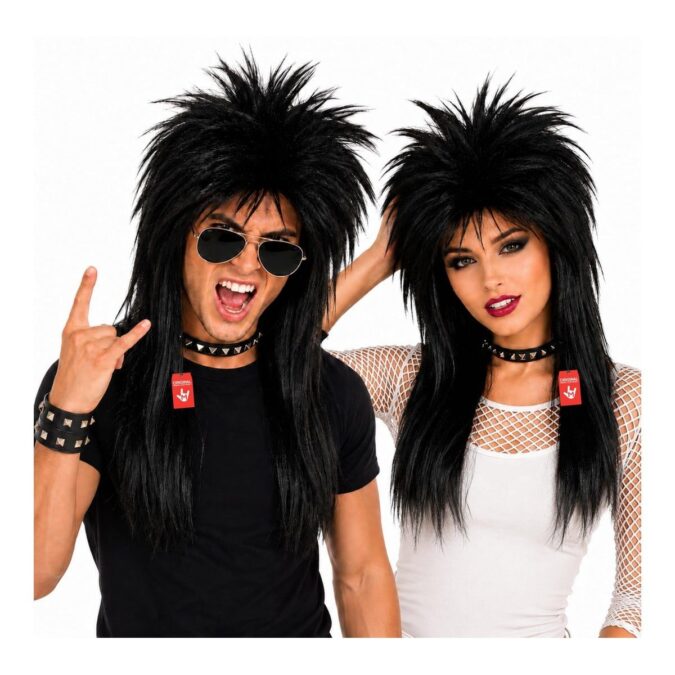 Man and woman wearing long black glam rock wigs with spiky, layered crowns, styled with studded chokers, sunglasses and a fishnet top