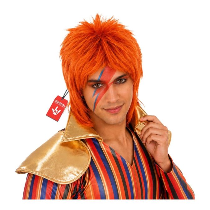 Man wearing a ginger glam rock wig cut as a spiky, layered short mullet in a bright orange-ginger shade