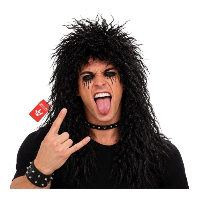Man wearing a long black rocker wig with a crimped, shaggy texture, styled with a studded choker and spiked wristband