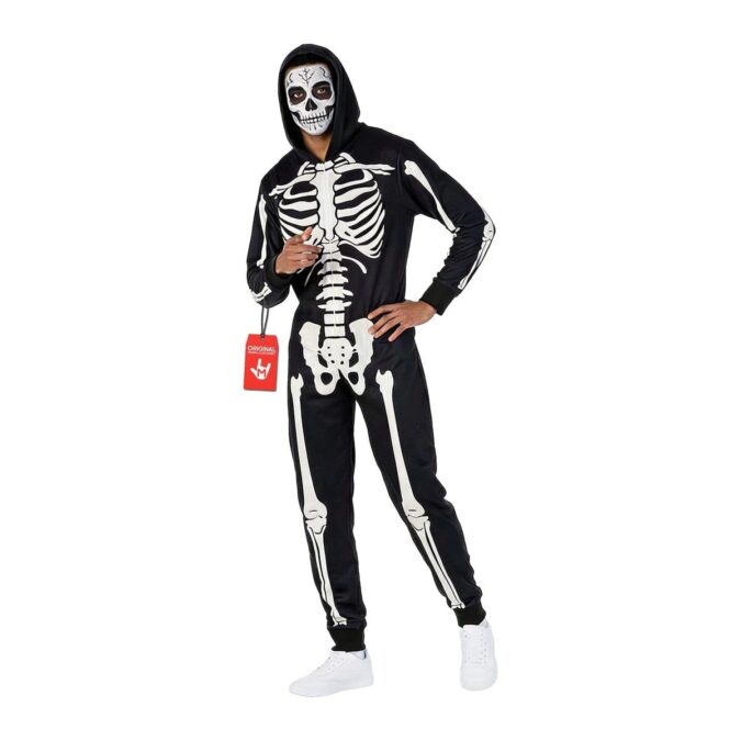 Men's Skeleton Onesie Costume (No Face): a black hooded jumpsuit with a white rib cage, spine, pelvis, arm bones, and leg bones stitched on the front, worn with the hood up and white trainers; the skull face paint on the model is not part of the pack