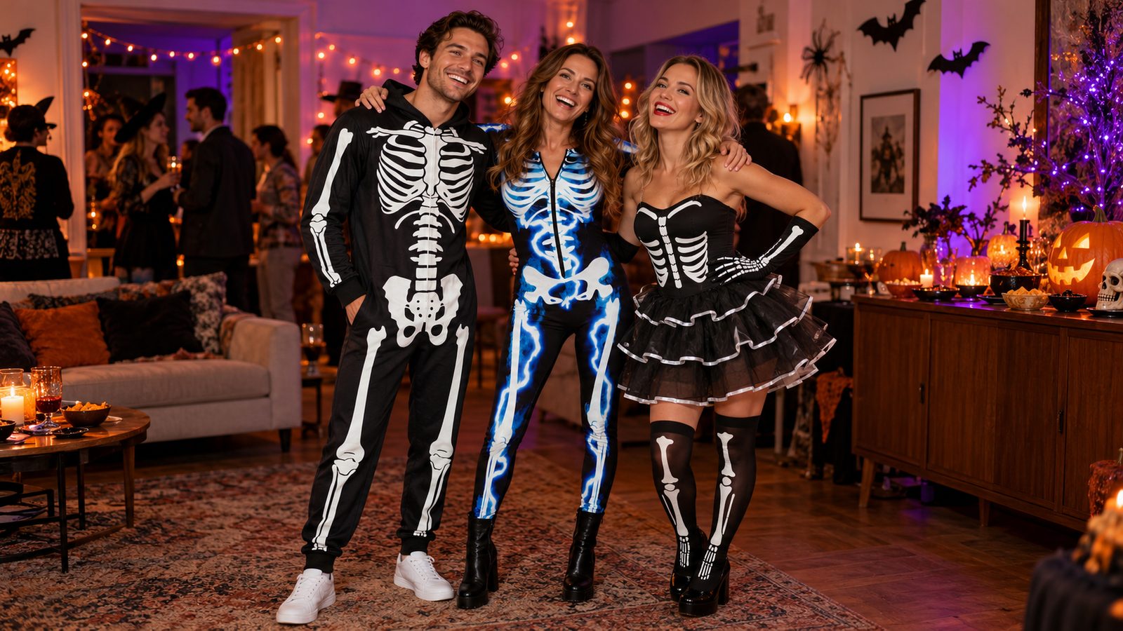 Three adult friends at a Halloween house party in three different skeleton costumes: a man in a black hooded skeleton onesie, a woman in a black bodysuit with blue electric bone print, and a woman in a skeleton-print tutu dress with bone-print gloves and stockings