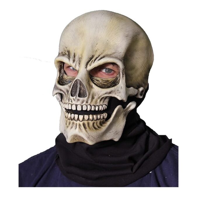 Skeleton Latex Mask: a full latex skull mask in aged ivory bone tones with dark eye sockets, a nose cavity, and rows of teeth on a movable jaw, with a black fabric drape around the neck