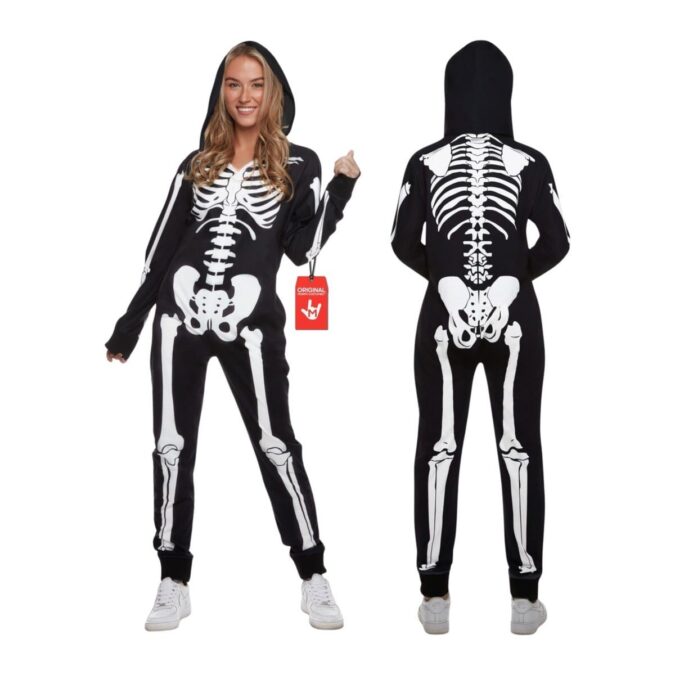 Women's Skeleton Onesie Costume (No Face): a black hooded jumpsuit with a white rib cage, pelvis, and leg bones on the front and a full spine and shoulder blades on the back, shown from the front and from behind with white trainers