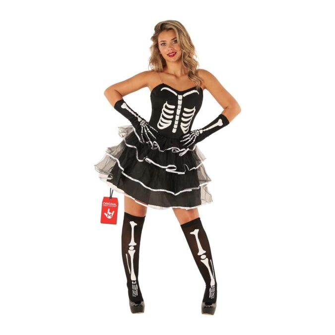Women's Skeleton Tutu Costume: a strapless black dress with a white rib cage print on the bodice and a layered black tutu skirt edged in white, with black bone-print gloves to the elbow and black bone-print stockings