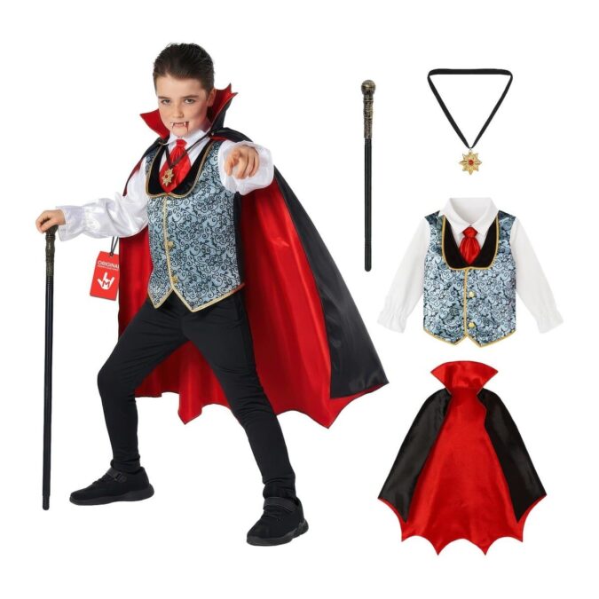 Boys Vampire Dracula Fangs Costume, a boy in a silver-blue patterned waistcoat with gold trim over a white shirt with a red cravat, a black cape lined in red with a tall red collar, holding a black cane, with the waistcoat, cape, cane, and star medallion shown separately beside him