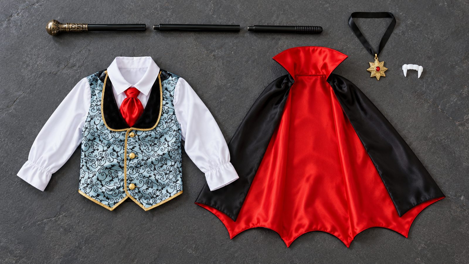 Overhead view of a kids' Dracula costume pack laid flat: a patterned waistcoat with an attached white shirt, a black cape lined in red with a tall collar, a three-piece cane, a star medallion on a ribbon, and a small pair of costume fangs