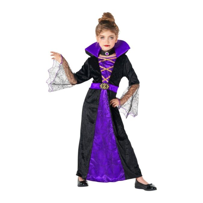 Kids Vampiress Costume Purple, a long black velour dress with a purple spiderweb-print front panel, a tall purple stand-up collar, gold criss-cross lacing, spiderweb mesh bell sleeves, and a black lace choker with a purple jewel