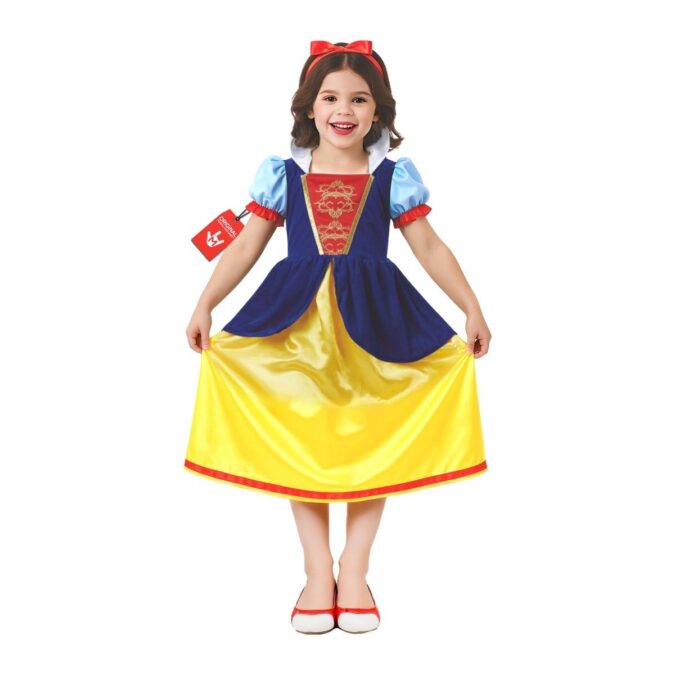 Girls sleeping princess costume, long blue and yellow dress with red accents, white collar, gold trim and a red bow headband