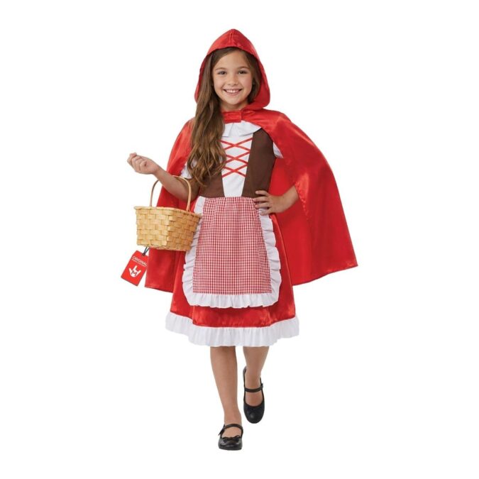 Girls Little Red Riding Hood costume, red and white dress with a checked apron front and a red hooded cape