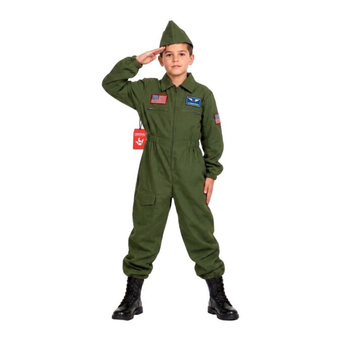 Boy saluting in the MorphCostumes Boys Air Cadet Fighter Pilot Costume, an olive green zip-front flight suit with badges and a matching green side cap