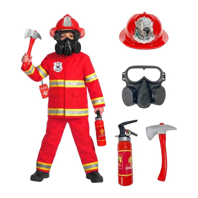 Boy wearing the MorphCostumes Boys Red Firefighter Costume, a red jacket and trousers with yellow and silver reflective bands, a red helmet, and a black gas mask, holding a toy axe and toy fire extinguisher