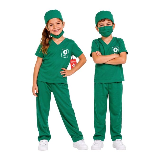 A girl and a boy wearing the MorphCostumes Boys Vet Costume, green scrub tops with a VET chest patch, green trousers, green surgical caps, and face masks