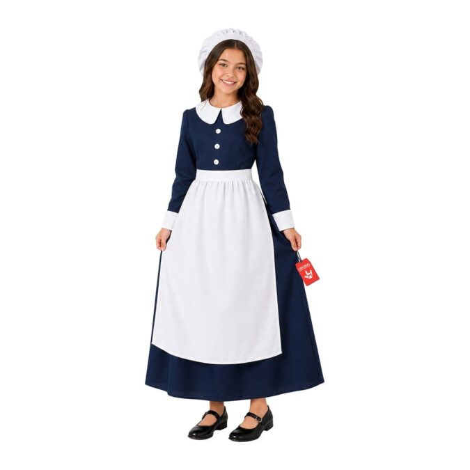 Girl wearing the MorphCostumes Girls Florence Nightingale Costume, an ankle-length navy dress with a white collar and cuffs, a long white apron, and a white ruffled bonnet