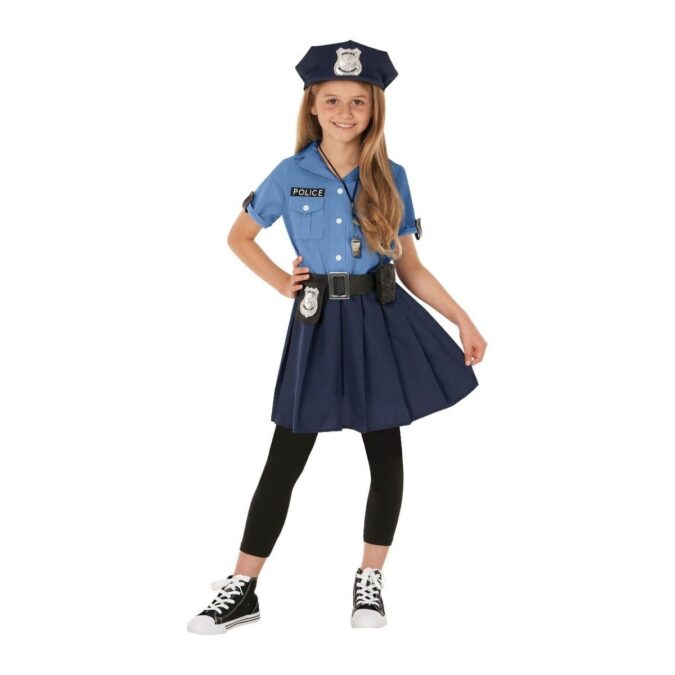 Girl wearing the MorphCostumes Kids Blue Police Costume, a light blue and navy police dress with a pleated skirt and a police patch, a navy peaked cap, and a belt with a radio