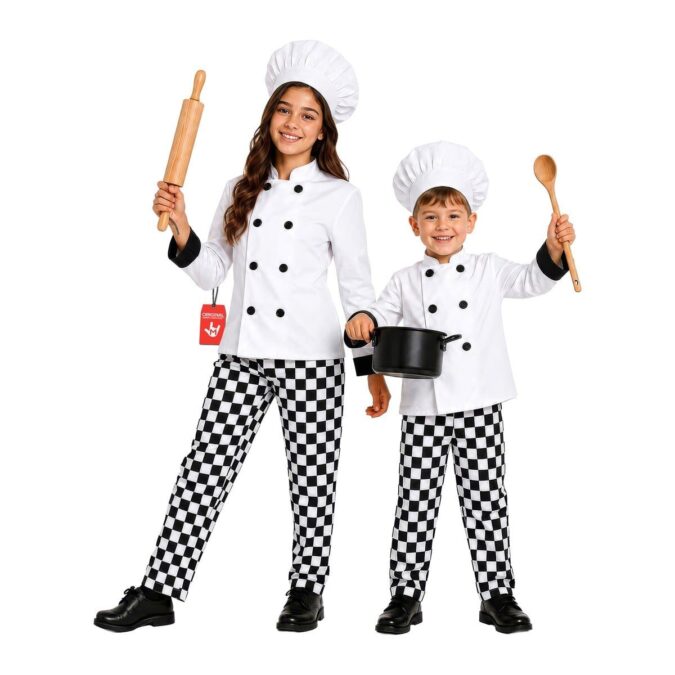 Two children wearing the MorphCostumes Kids Chef Costume, white chef's hats, white double-breasted chef's jackets, and black-and-white chequered trousers, holding a rolling pin, a wooden spoon, and a pot