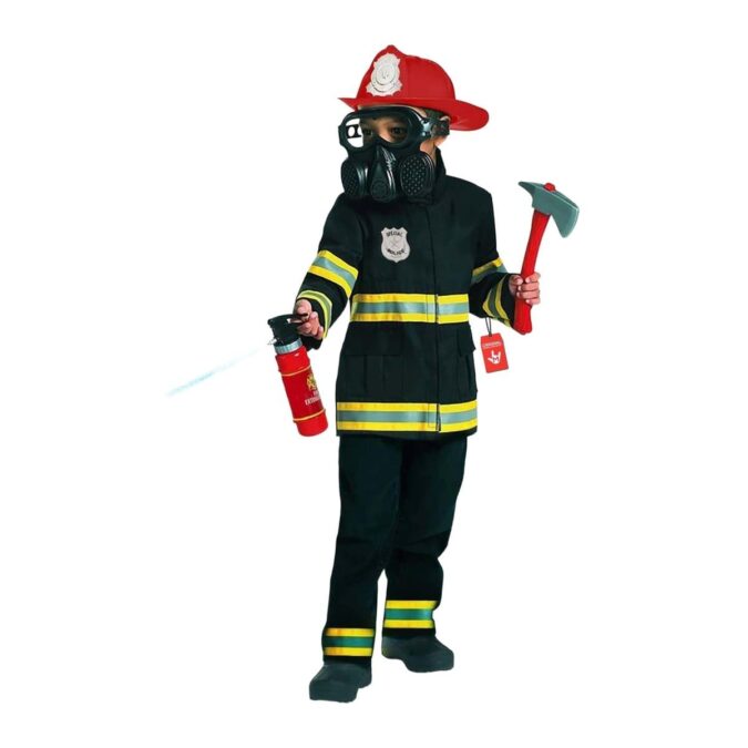 Boy wearing the MorphCostumes Kids Fireman Costume, a black jacket and trousers with yellow and silver reflective bands, a red helmet, and a black breathing mask, holding a toy axe and a red toy fire extinguisher