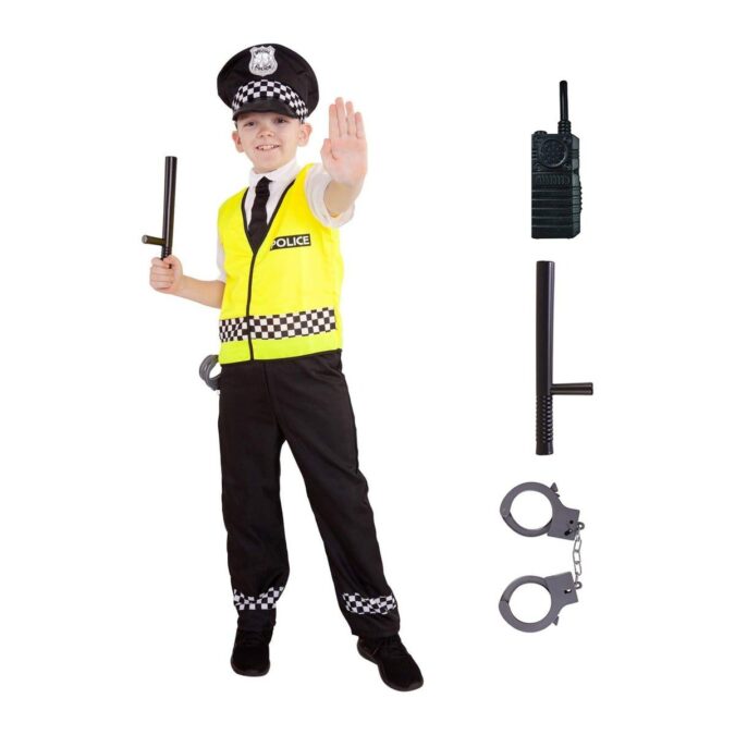 Boy wearing the MorphCostumes Kids UK Police Officer Costume, a black peaked cap with a chequered band, a white shirt and black tie, a fluorescent yellow police vest, and black trousers with chequered cuffs