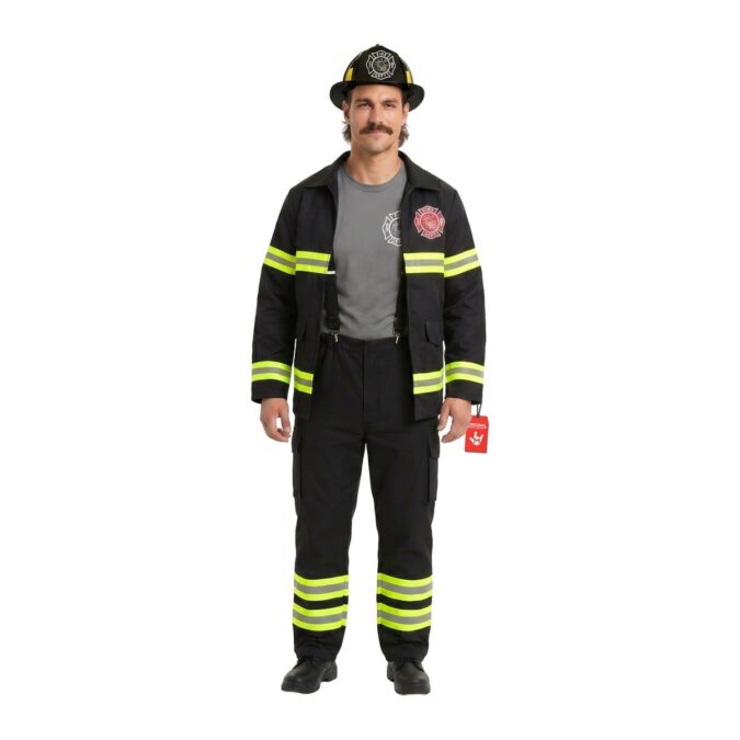 Man wearing the MorphCostumes Men's Firefighter Costume, a black helmet, an open black jacket with neon yellow reflective bands, a grey t-shirt, and black trousers with braces