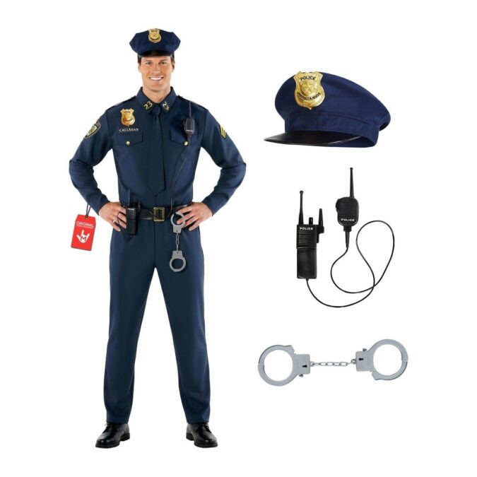 Man wearing the MorphCostumes Men's Police Officer Costume, a navy peaked cap with a gold badge, a navy shirt with patches and a tie, navy trousers, and a belt with a radio and handcuffs