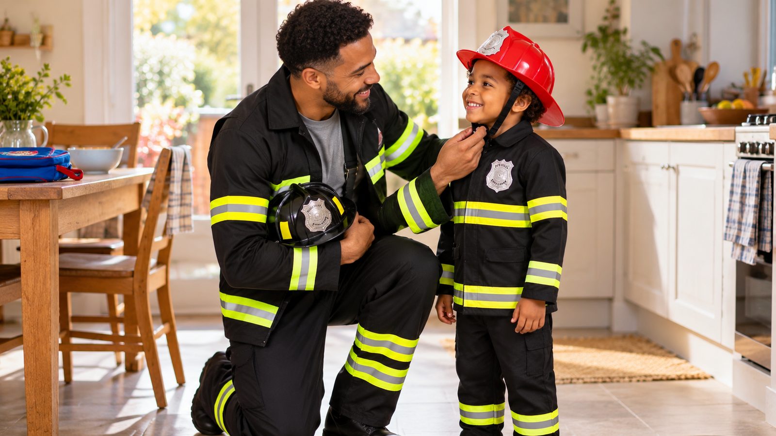 A father in the MorphCostumes Men's Firefighter Costume kneels in a kitchen to fasten the chin strap of his son's red helmet, the boy in the matching black Kids Fireman Costume with reflective bands